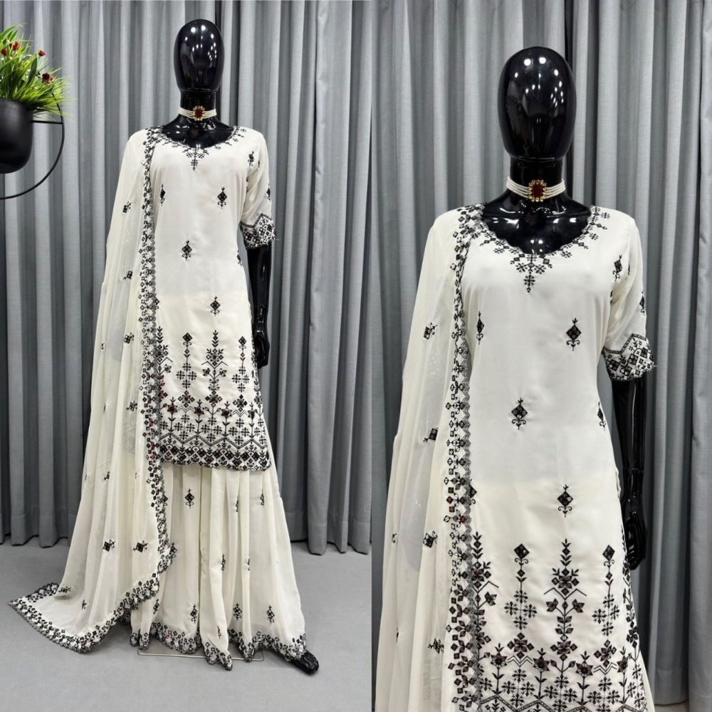 BEAUTIFUL SARA ALI KHAN WHITE SHRARA SET WITH ALL OVER SEQUENCE EMBROIDFERY WORK - Picture 11 of 12